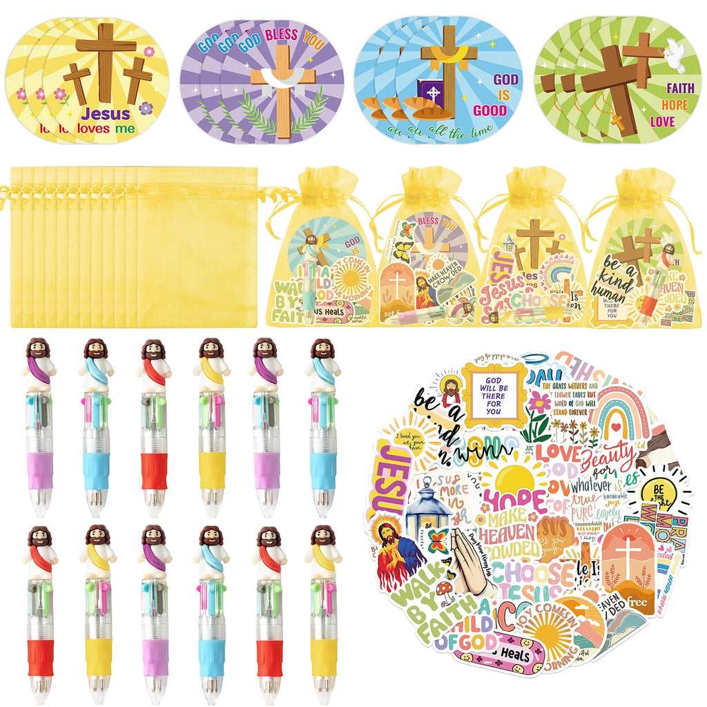 Jesus Religious Stationery Gift 12 Set 4-in-1 Jesus Ballpoint Pens Sticker Sticky Note Yarn Bag For Party Goodie Bag Fillers