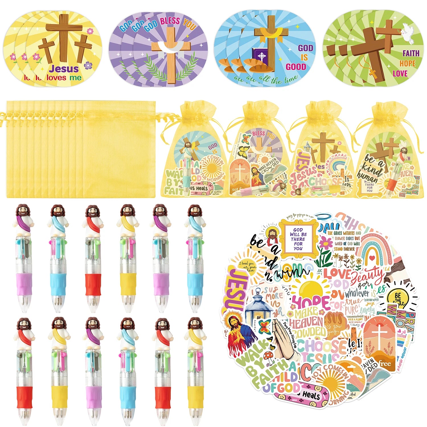 Jesus Religious Stationery Gift 12 Set 4-in-1 Jesus Ballpoint Pens Sticker Sticky Note Yarn Bag For Party Goodie Bag Fillers