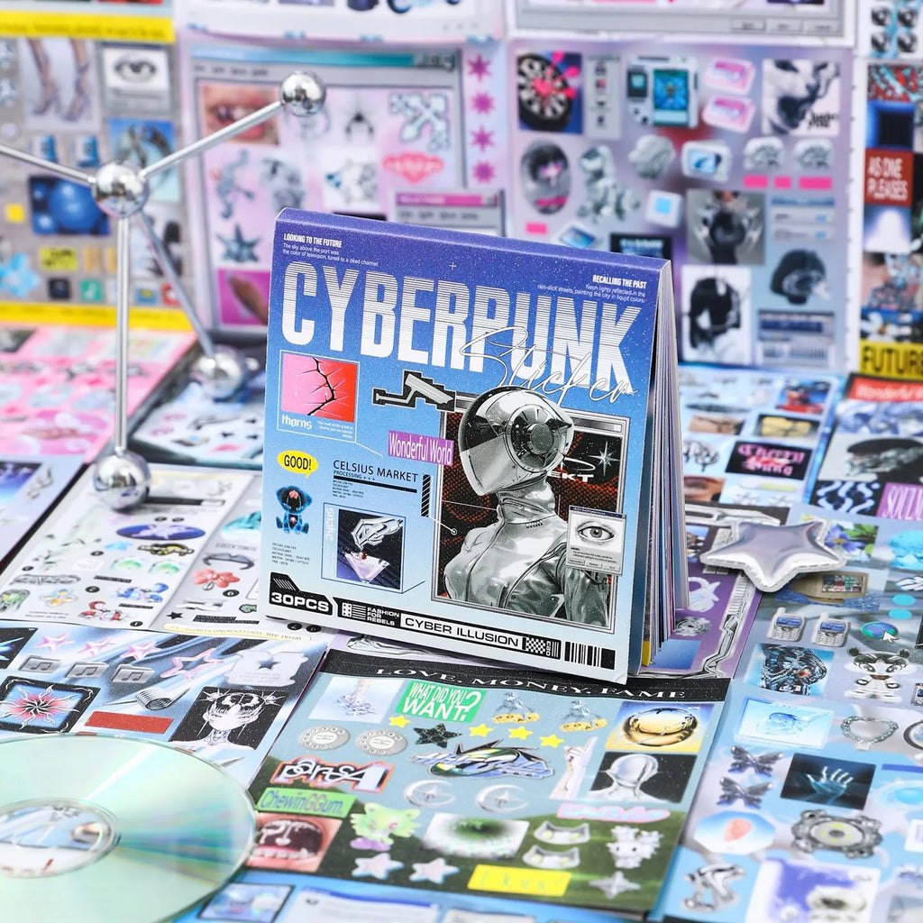 Cyberpunk-themed Die-Cut Sticker Book, 30/60 Sheets, DIY Decorative Journal, Phone Case Collage, Aesthetic Stationery Stickers