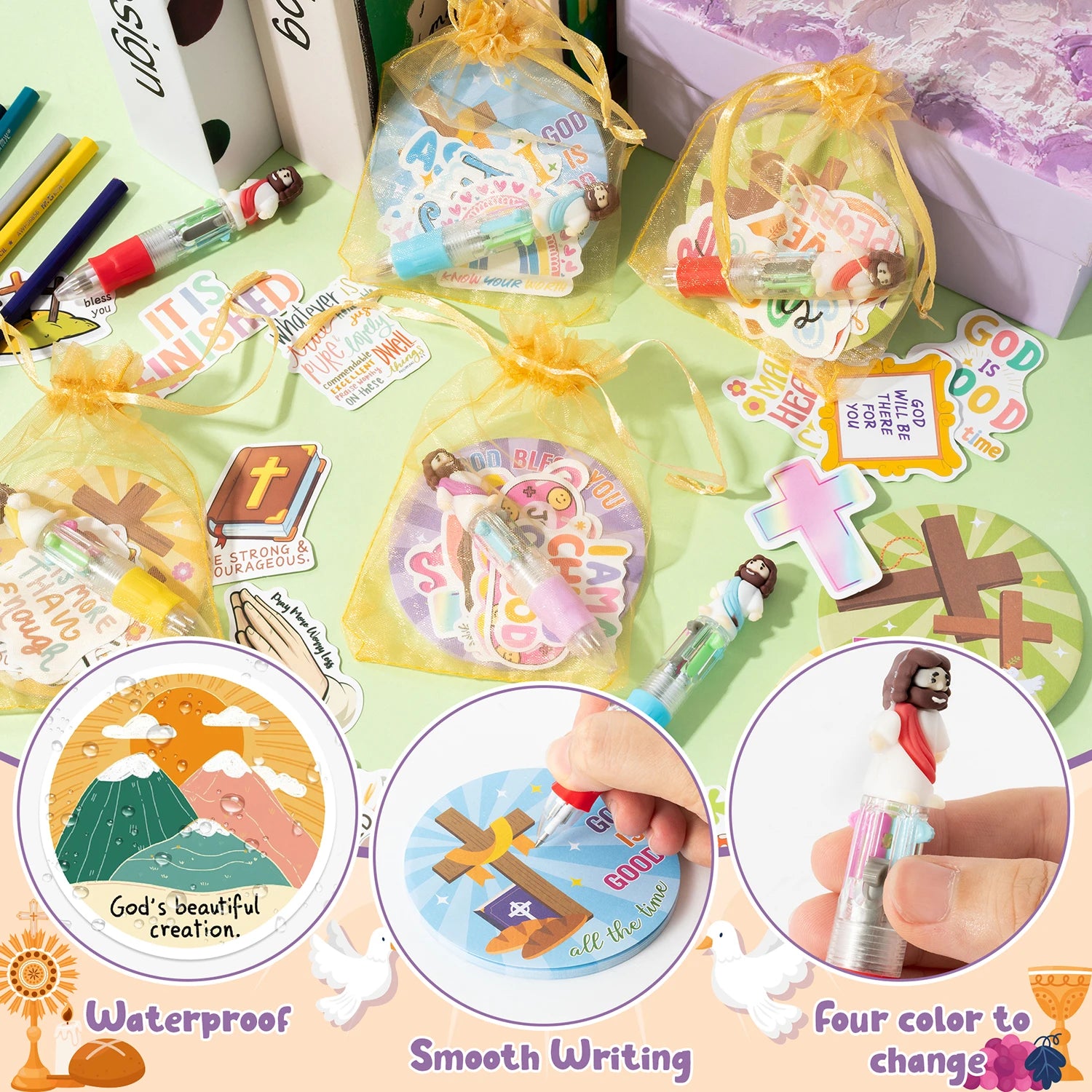 Jesus Religious Stationery Gift 12 Set 4-in-1 Jesus Ballpoint Pens Sticker Sticky Note Yarn Bag For Party Goodie Bag Fillers
